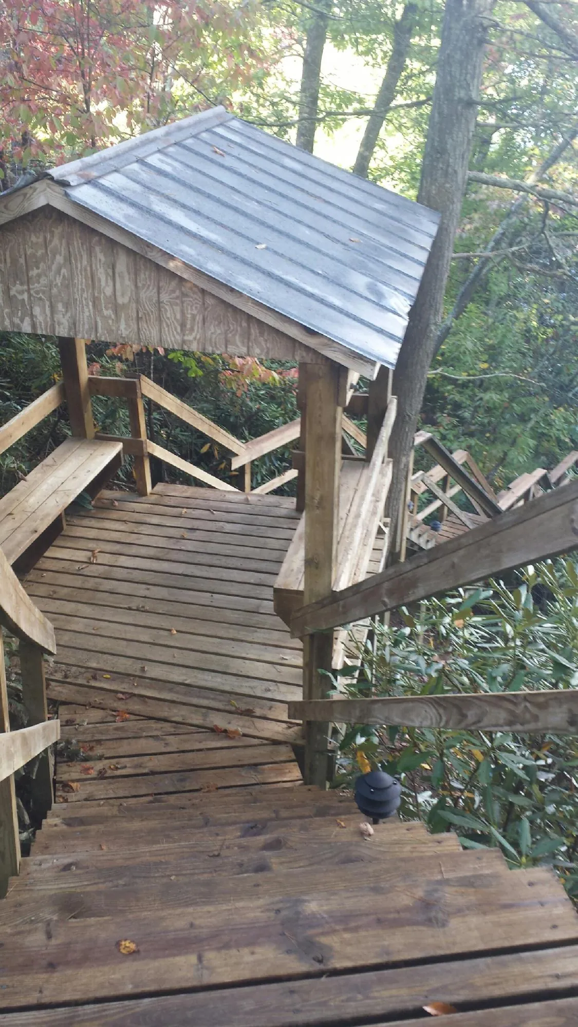 Metal roofed shelter over wooden steps on a wooded walkway — Skylight Repair & Installation work by our crew in Potterville